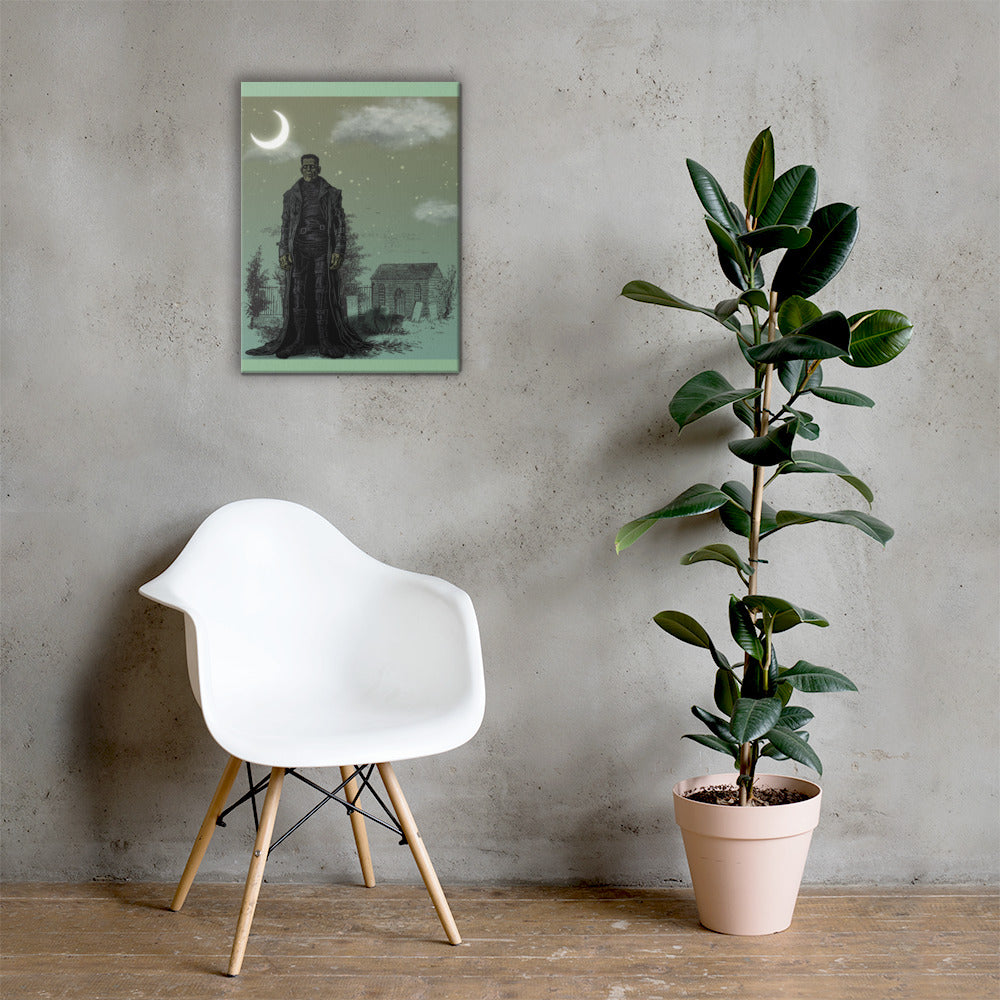 Frankenstein's Monster canvas wall art — classic horror monster in moonlit graveyard — Stitch and Sigil