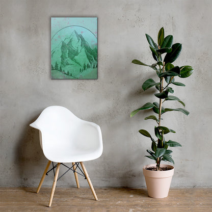 Mountain Sigil fantasy canvas wall art — ancient mountain symbol in luminous light — Stitch and Sigil