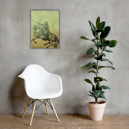 Knight Sigil fantasy canvas wall art — ancient knight silhouette glowing in luminous light — Stitch and Sigil