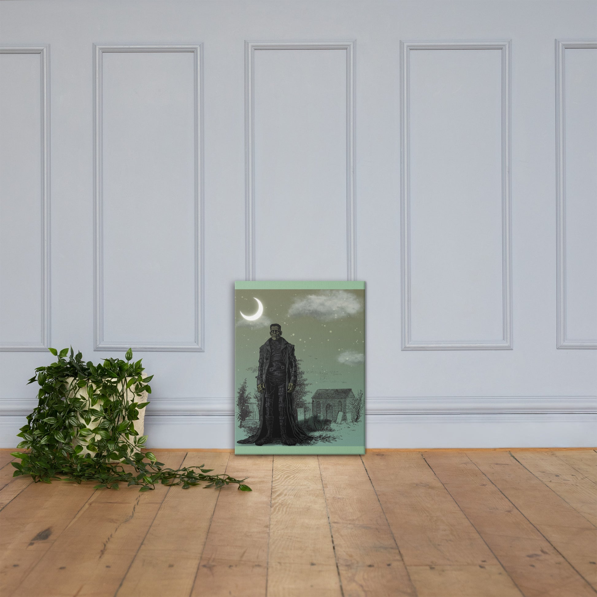 Frankenstein's Monster canvas wall art lifestyle display — classic horror art in atmospheric interior — Stitch and Sigil