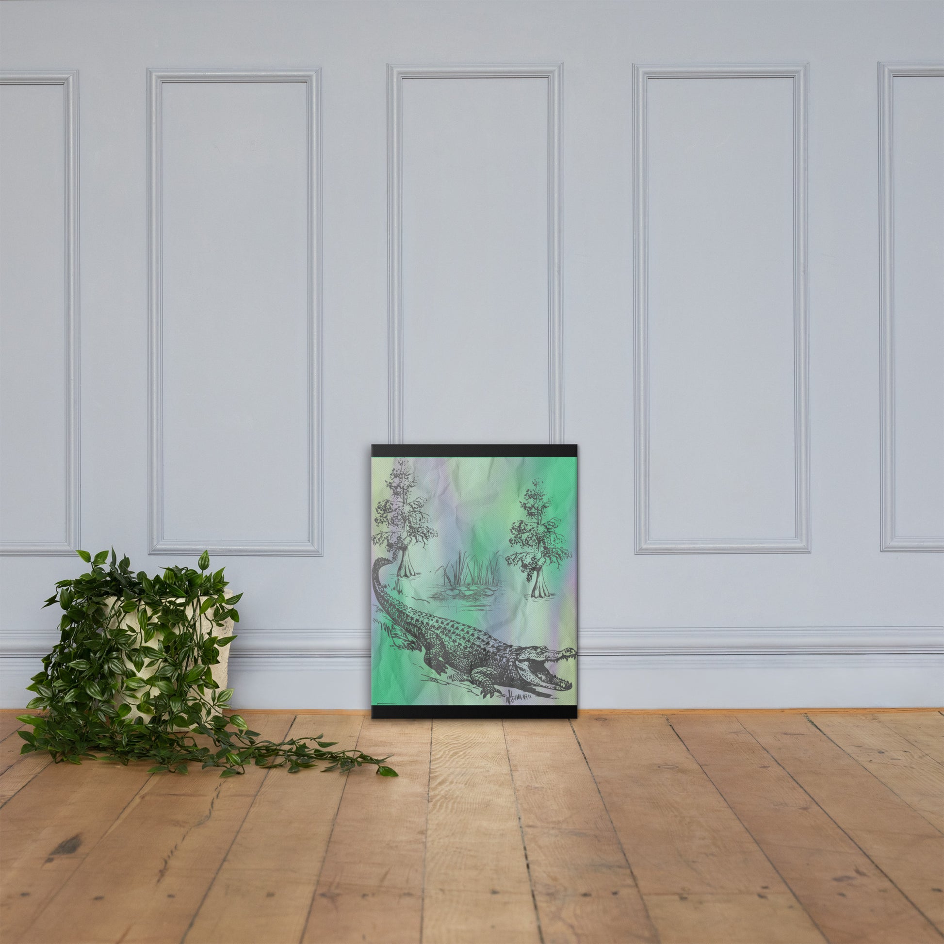 The Gator Louisiana sigil canvas wall art — alligator in green flame on textured background — Stitch and Sigil