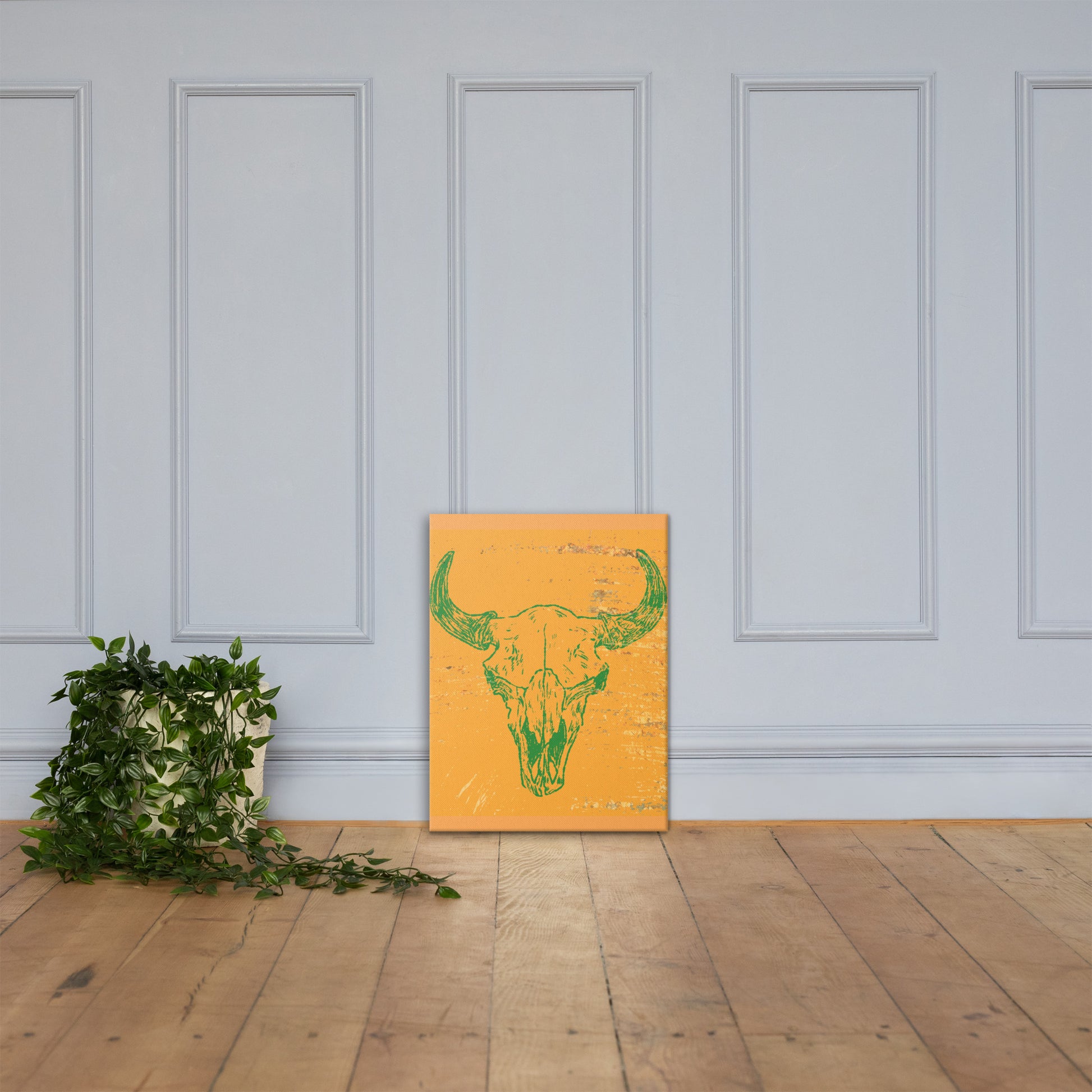 Skull Sigil western canvas wall art — bull skull in rugged orange flame on textured background — Stitch and Sigil