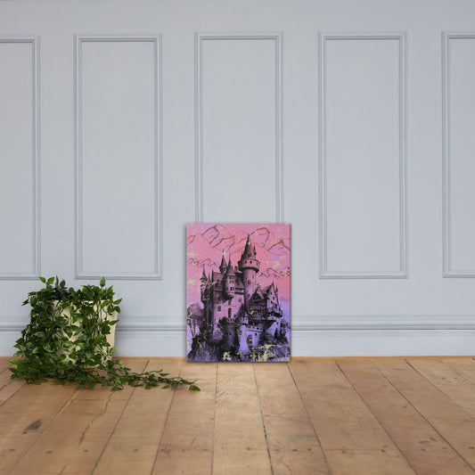 Castle Sigil canvas wall art lifestyle display — glowing fantasy castle art in atmospheric interior — Stitch and Sigil