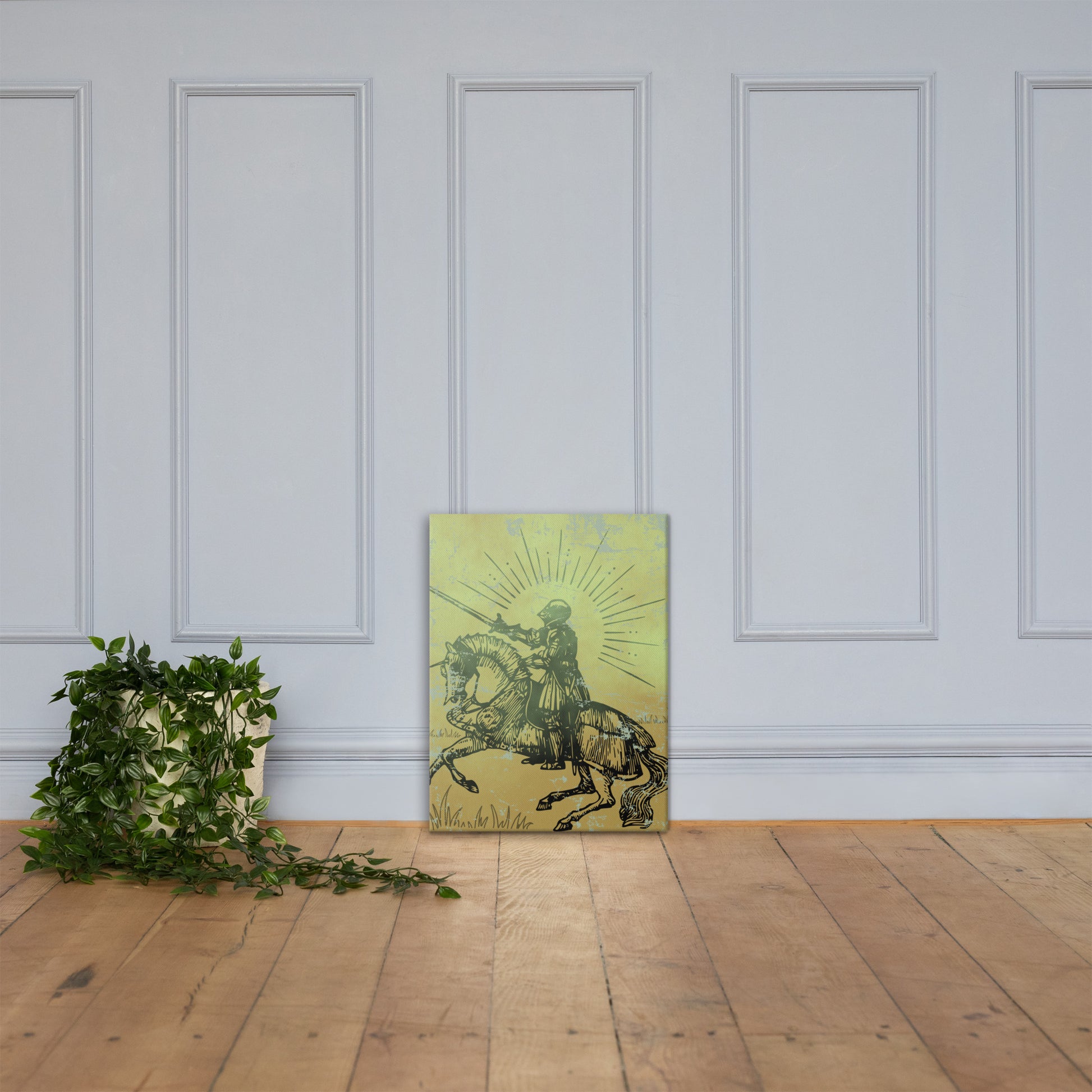 Knight Sigil canvas wall art lifestyle display — glowing fantasy knight art in atmospheric interior — Stitch and Sigil