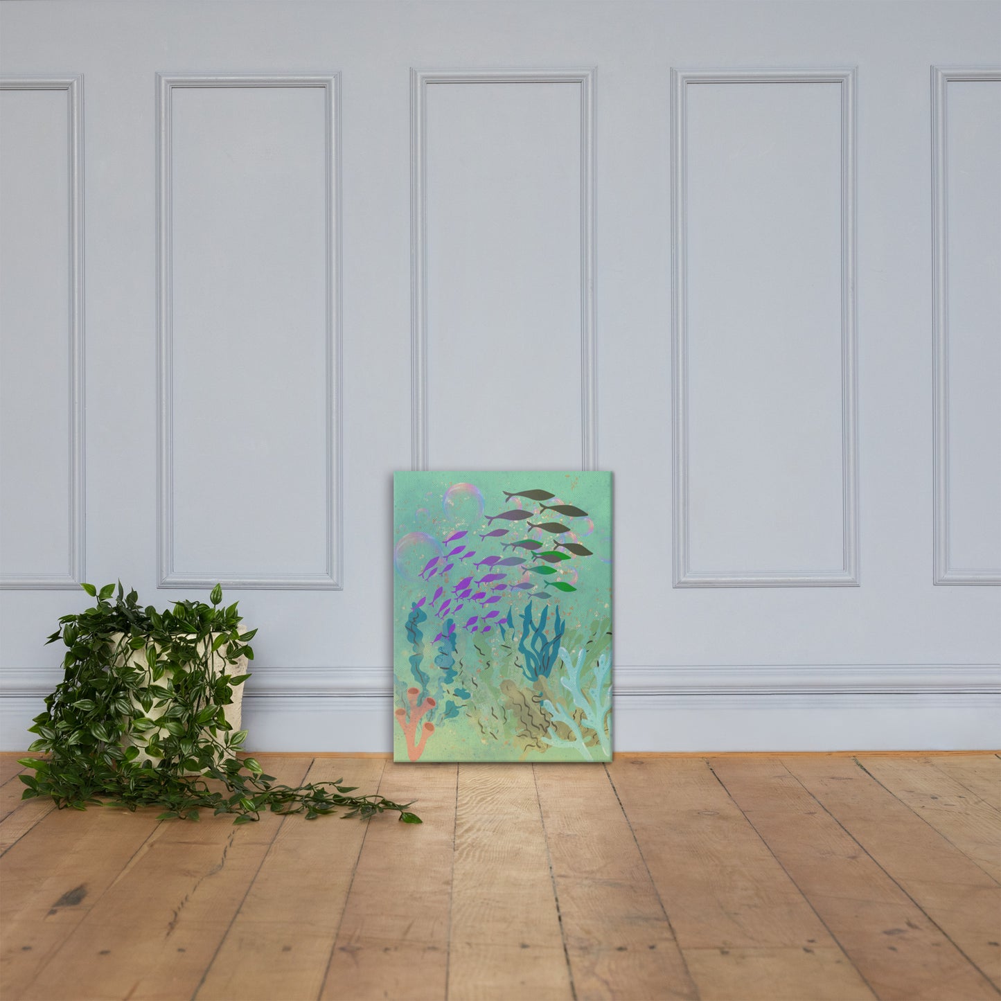 School of Fish Sigil canvas wall art — unified school of fish moving together in soft underwater light — Stitch and Sigil