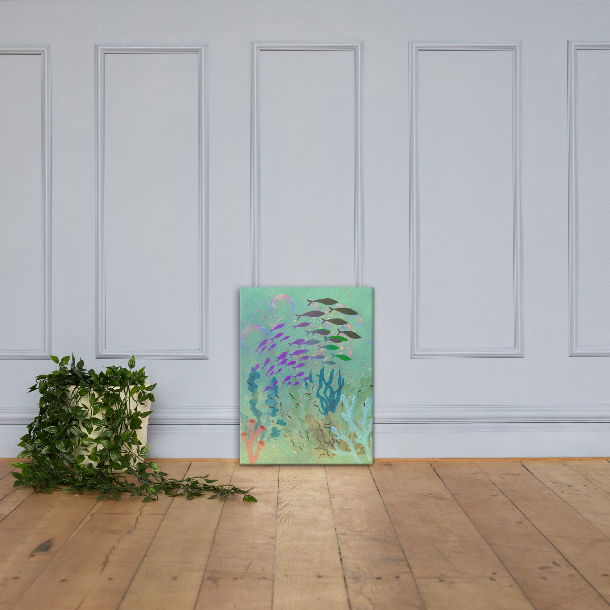 School of Fish Sigil canvas wall art — unified school of fish moving together in soft underwater light — Stitch and Sigil
