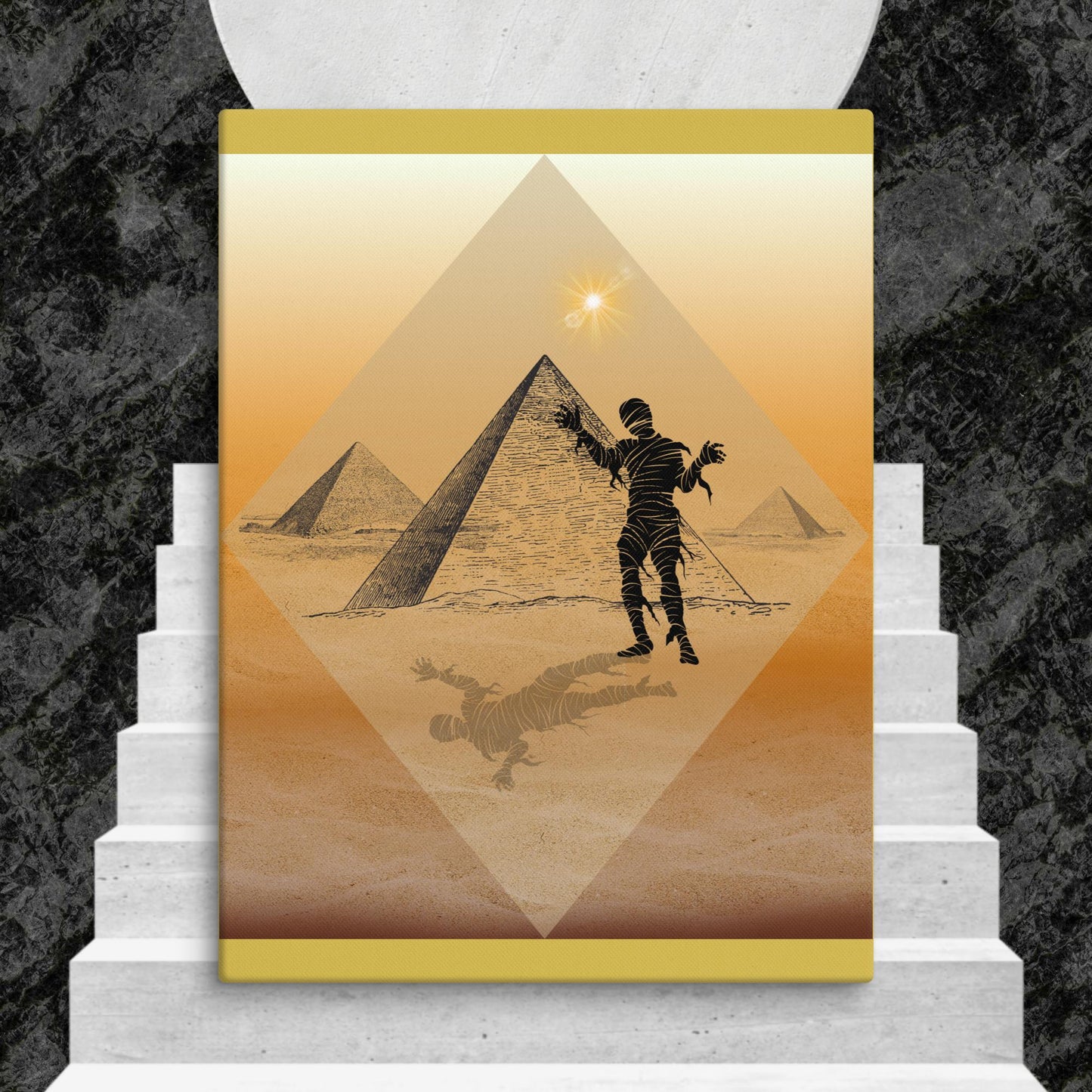 The Mummy In the Shadow of the Pyramids canvas wall art 18x24 — mummy silhouette with Egyptian pyramids — Stitch and Sigil