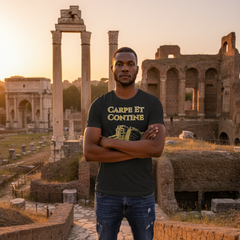 Man standing in front of ancient Roman ruins with 'Carpe Et Contine' t-shirt