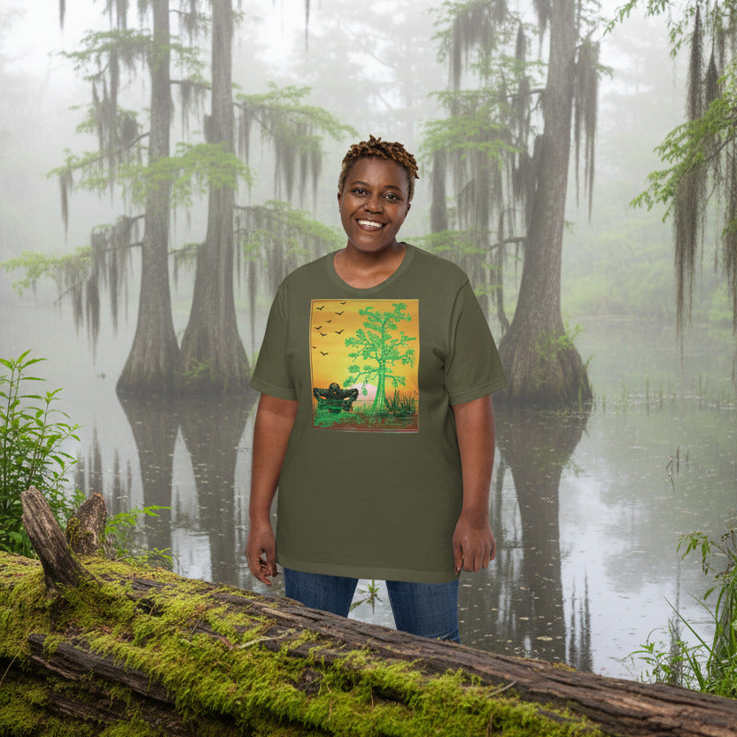 woman wearing creature lagoon mist tee