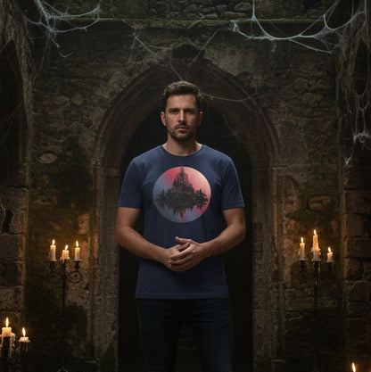 Dracula Castle Silhouette Legends in Shadow graphic tee — gothic vampire castle design lifestyle mockup — Stitch and Sigil