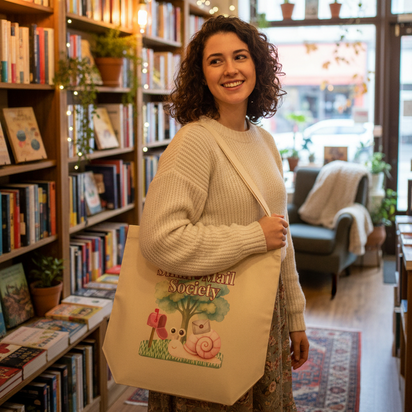 A woman with curly brown hair stands in a cozy bookshop holding a cream canvas tote bag printed with a colorful illustration of a tree and snails. The background features tall wooden bookshelves filled with books, warm string lights, and a comfortable reading nook.