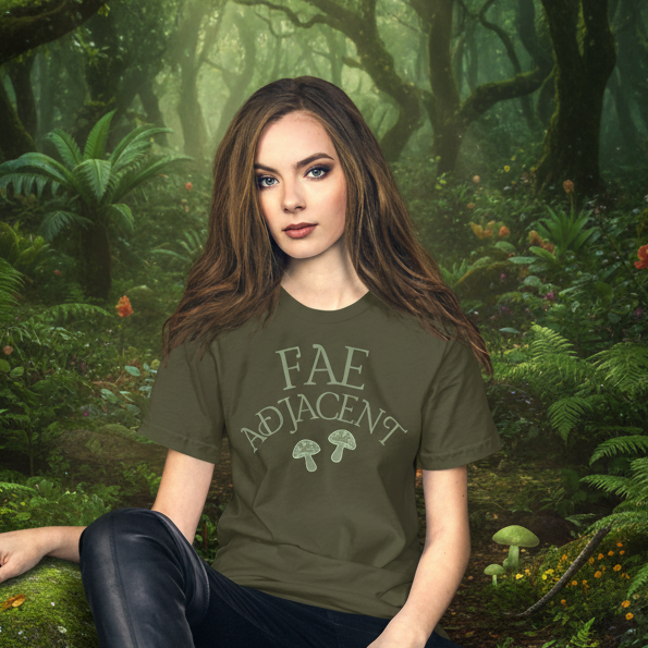 Woman sitting in a forest wearing a t-shirt with 'FAE Adjacent' text.