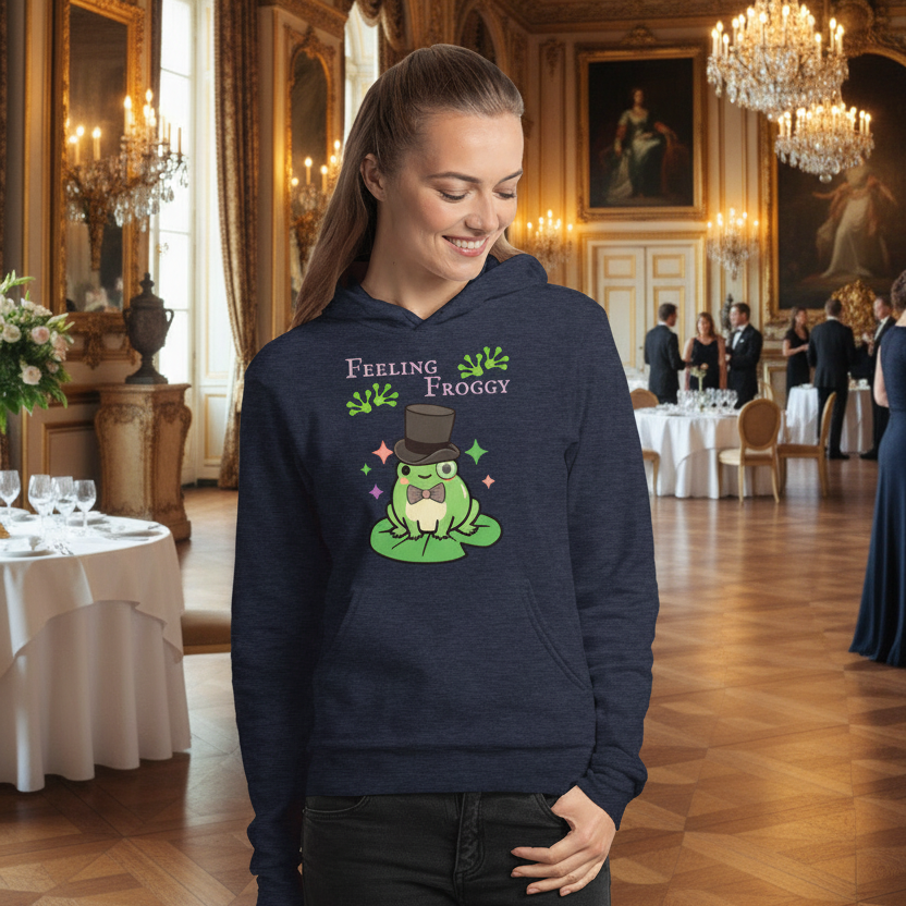 Person wearing a hoodie with a frog graphic and text in an elegant room.