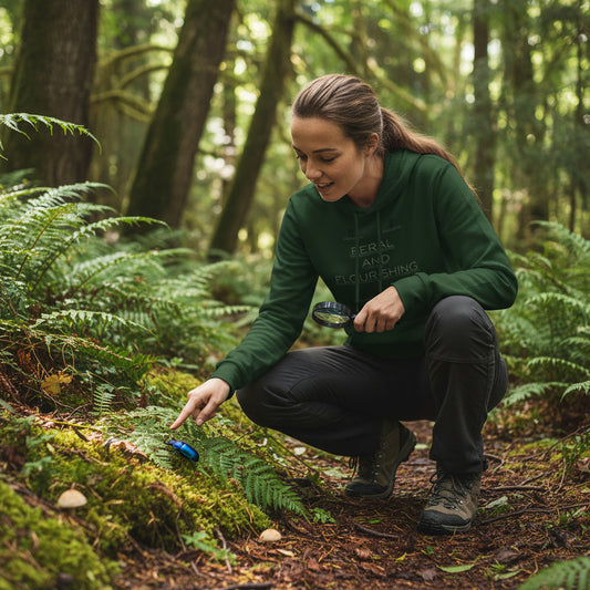 woman wearing feral and flourishing hoodie