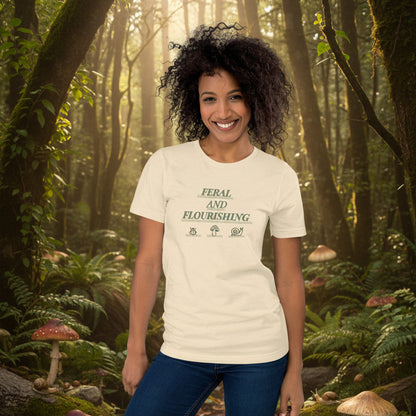 woman wearing feral and flourishing tee