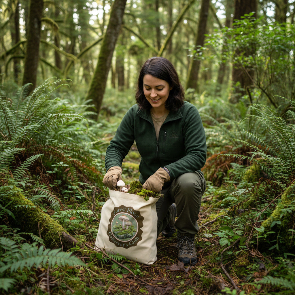 woman using forest floor collectors club eco tote bag