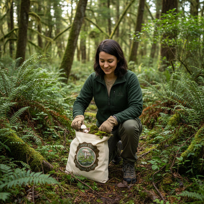 woman using forest floor collectors club eco tote bag