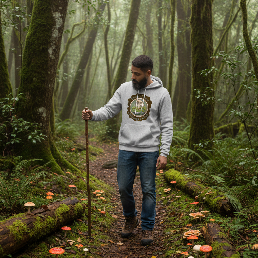 man wearing forest floor collectors club hoodie