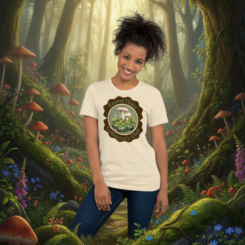 woman wearing forest floor collectors club tee