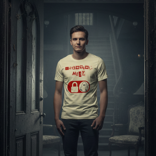 Haunting Mode Halloween graphic tee — ghost toggle switch design lifestyle mockup in haunted house — Stitch and Sigil