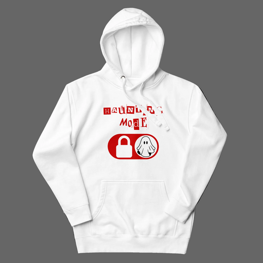 A white pullover hoodie with a red and white graphic on the chest that reads 'Haunting Mode' with a lock and ghost icon, shown on a plain white background.