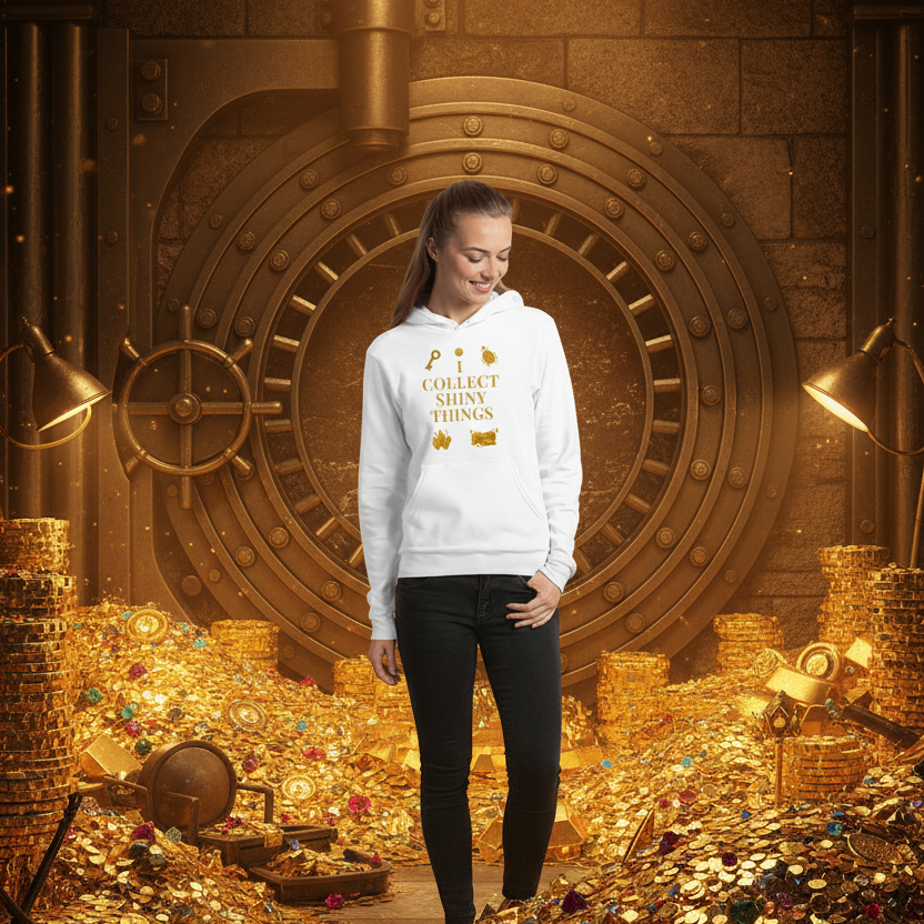 Person wearing a white hoodie with text in a treasure-filled room with gold coins and jewelry.