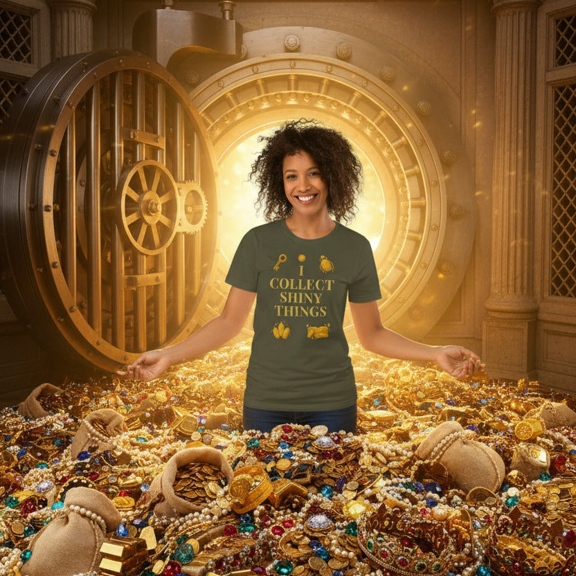 woman wearing i collect shiny things tee