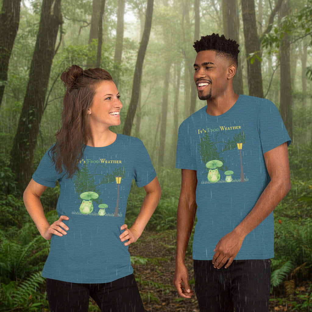 couple wearing its frog weather tee