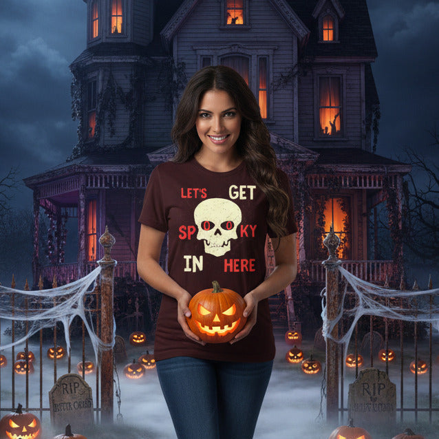 Lets Get Spooky in Here Halloween graphic tee — skull Halloween design lifestyle mockup — Stitch and Sigil