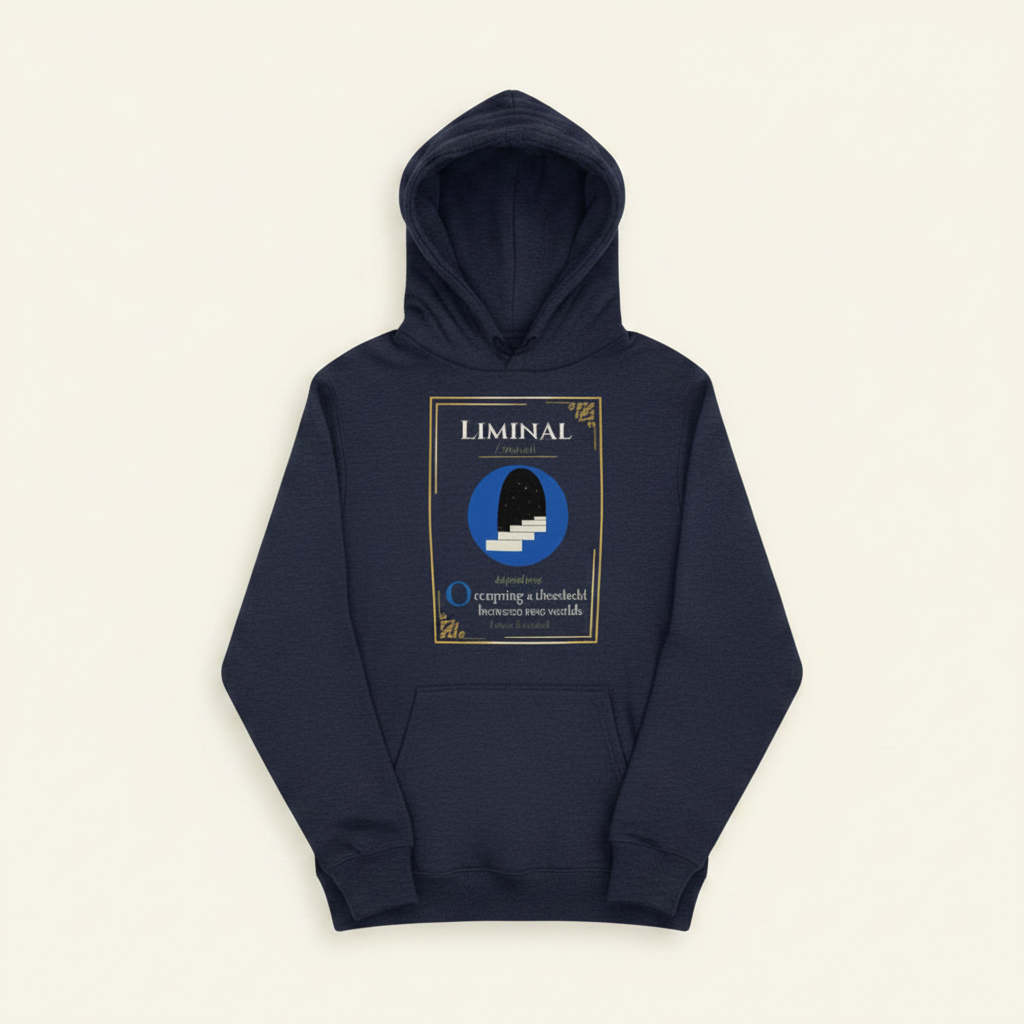 A navy blue pullover hoodie with a graphic print on the chest, displayed against a solid black background. The graphic features the word 'Liminal' in a serif font inside a gold-bordered frame, surrounding a circular blue and black design with a white staircase motif.