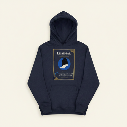 A navy blue pullover hoodie with a graphic print on the chest, displayed against a solid black background. The graphic features the word 'Liminal' in a serif font inside a gold-bordered frame, surrounding a circular blue and black design with a white staircase motif.