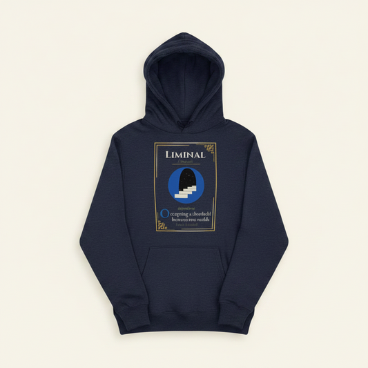 A navy blue pullover hoodie with a graphic print on the chest, displayed against a solid black background. The graphic features the word 'Liminal' in a serif font inside a gold-bordered frame, surrounding a circular blue and black design with a white staircase motif.