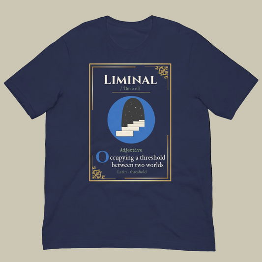 A navy blue short-sleeve t-shirt with a graphic print on the front. The graphic features a gold-bordered frame with the word 'LIMINAL' at the top, a blue circle containing a dark cave-like arch and white stairs in the center, and the definition 'Occupying a threshold between two worlds' below.