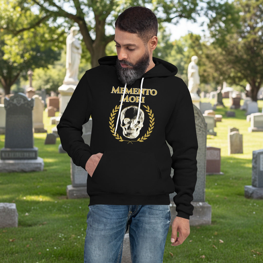 man wearing memento mori hoodie