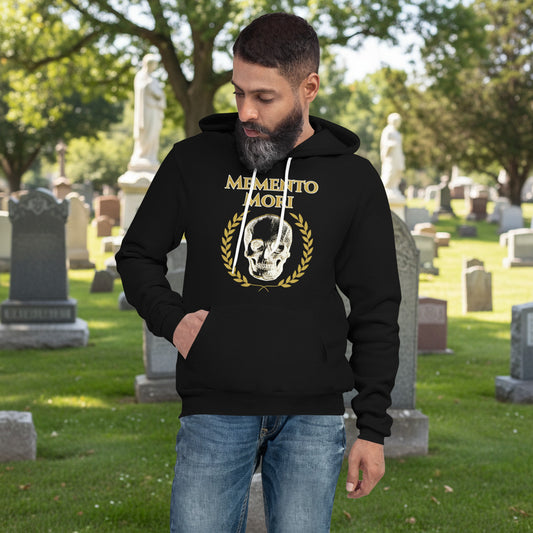 man wearing memento mori hoodie