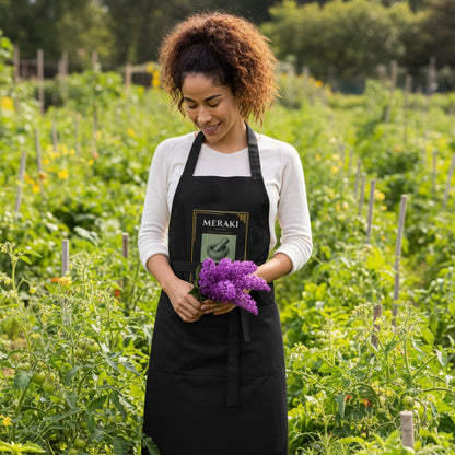 woman wearing meraki black apron