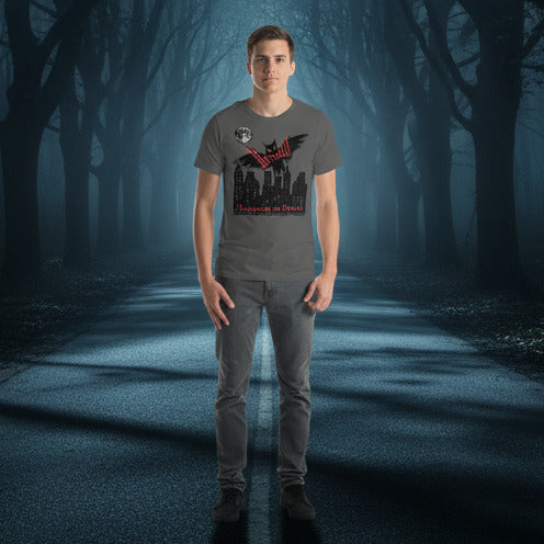 man wearing mothman harbinger of doom tee