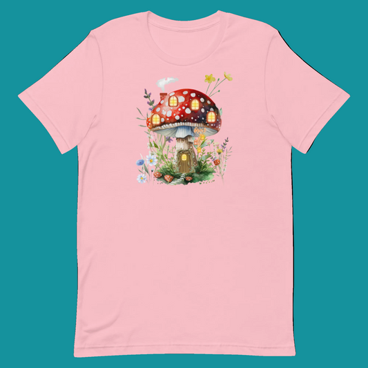 A light pink short-sleeve crewneck t-shirt featuring a colorful watercolor graphic of a whimsical mushroom house with glowing windows, surrounded by small flowers and green foliage.