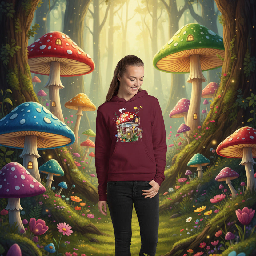 woman wearing mushroom manor tee