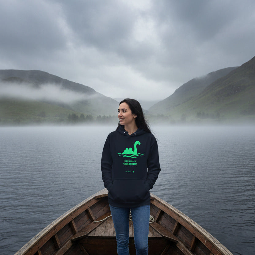 woman wearing nessie hoodie