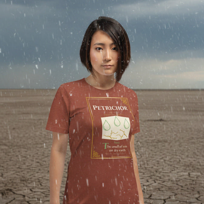 Petrichor Lost Lexicon rare word graphic tee — smell of rain on dry earth design lifestyle mockup — Stitch and Sigil
