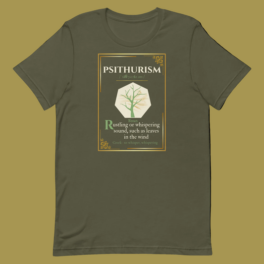 An olive green short-sleeve t-shirt with a vintage-style book cover graphic on the chest titled 'PSITHURISM'. The graphic features a tree inside a geometric shape with text reading 'Rustling or whispering sound, such as leaves in the wind'.
