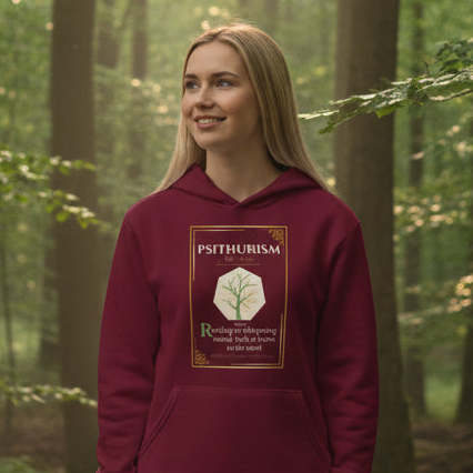 A woman with long blonde hair stands in a forest wearing a burgundy hoodie with a graphic print that reads 'PSYTHURISM' and features a green tree illustration.