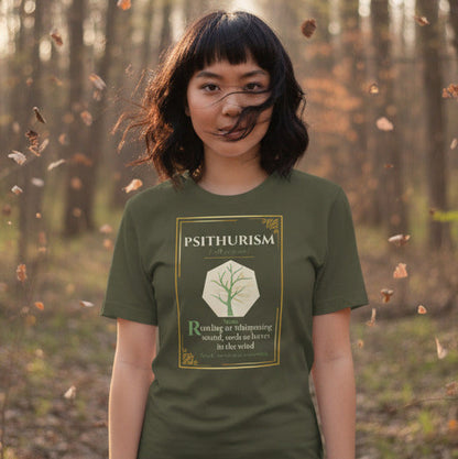 Psithurism Lost Lexicon rare word graphic tee — sound of wind through trees design lifestyle mockup — Stitch and Sigil