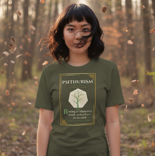 Psithurism Lost Lexicon rare word graphic tee — sound of wind through trees design lifestyle mockup — Stitch and Sigil