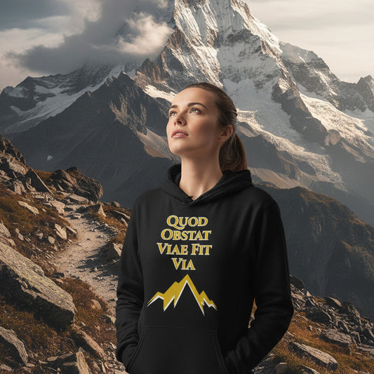 woman wearing quod obstat viae fit via hoodie