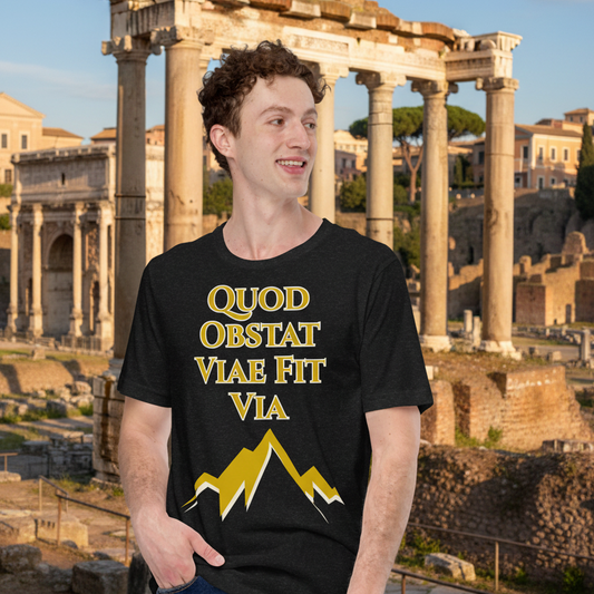 man wearing quod obstat viae fit via tee