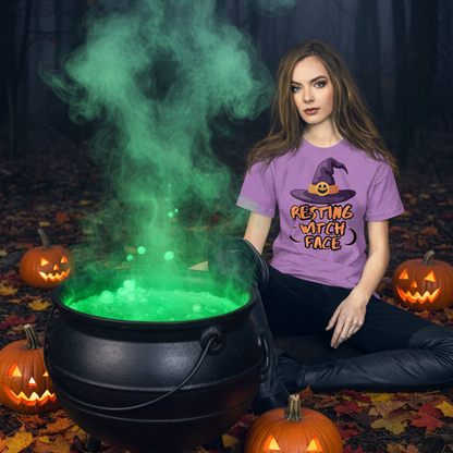 Resting Witch Face Halloween graphic tee — witch hat orange text design lifestyle mockup — Stitch and Sigil