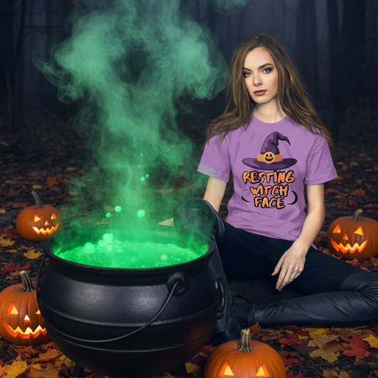 Resting Witch Face Halloween graphic tee — witch hat orange text design lifestyle mockup — Stitch and Sigil