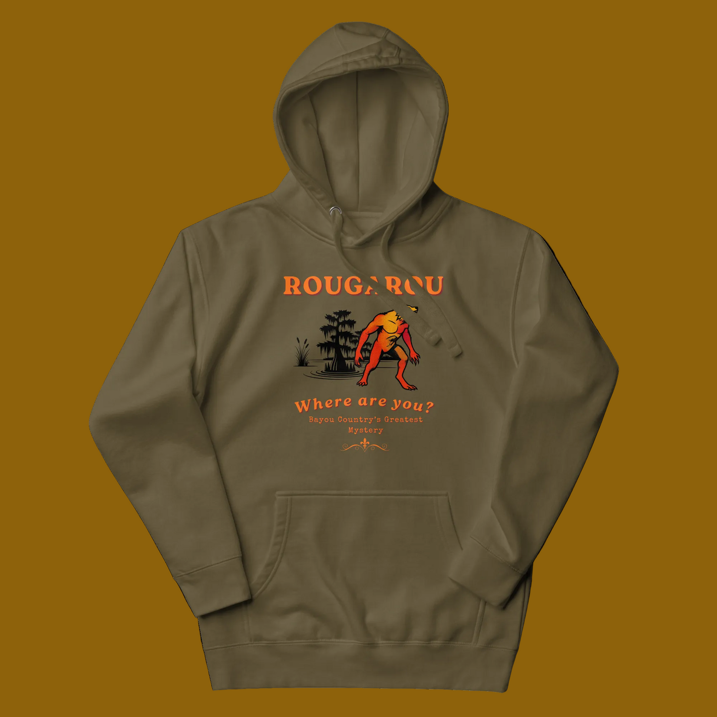 rougarou military green hoodie flat mockup